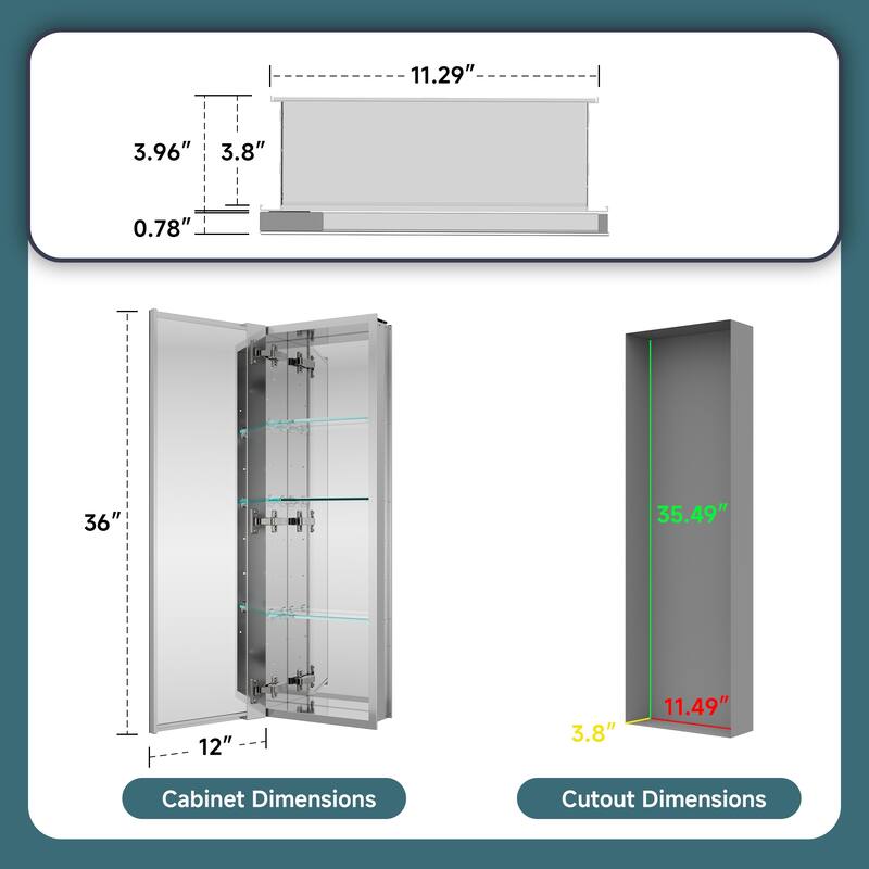 12x36" Tri-View Mirrored Medicine Cabinet with Soft-Close Blum Hinges, Recessed/Surface Mount, Reversible Door, Aluminum Body