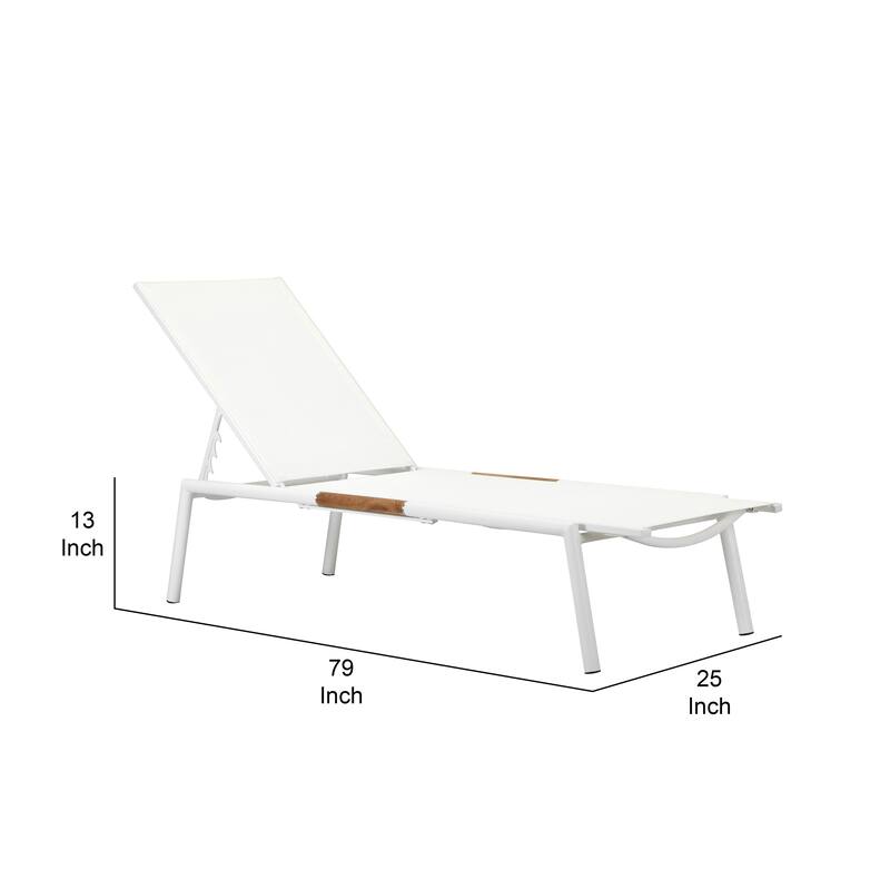 Shia 79 Inch Chaise Lounger, White Aluminum Frames, Teak Accent, Set of 2