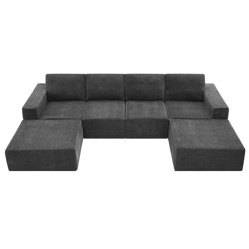 Modular U-Shaped Sectional Sofa with 2 Ottomans, Chenille Cloud Floor Couch, Fully Compressed Upholstered Sofa