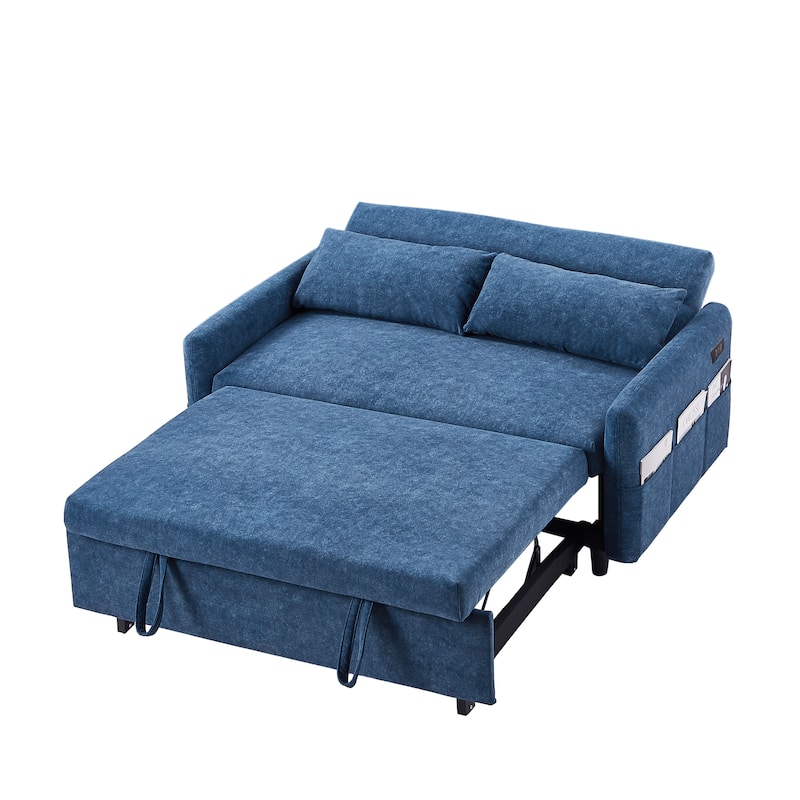 3-in-1 Pull Out Sofa Bed, Couch Bed with Adjsutable Back and Storage Pockets, 2 Seater Sofa with 2 Soft Pillows and USB Ports