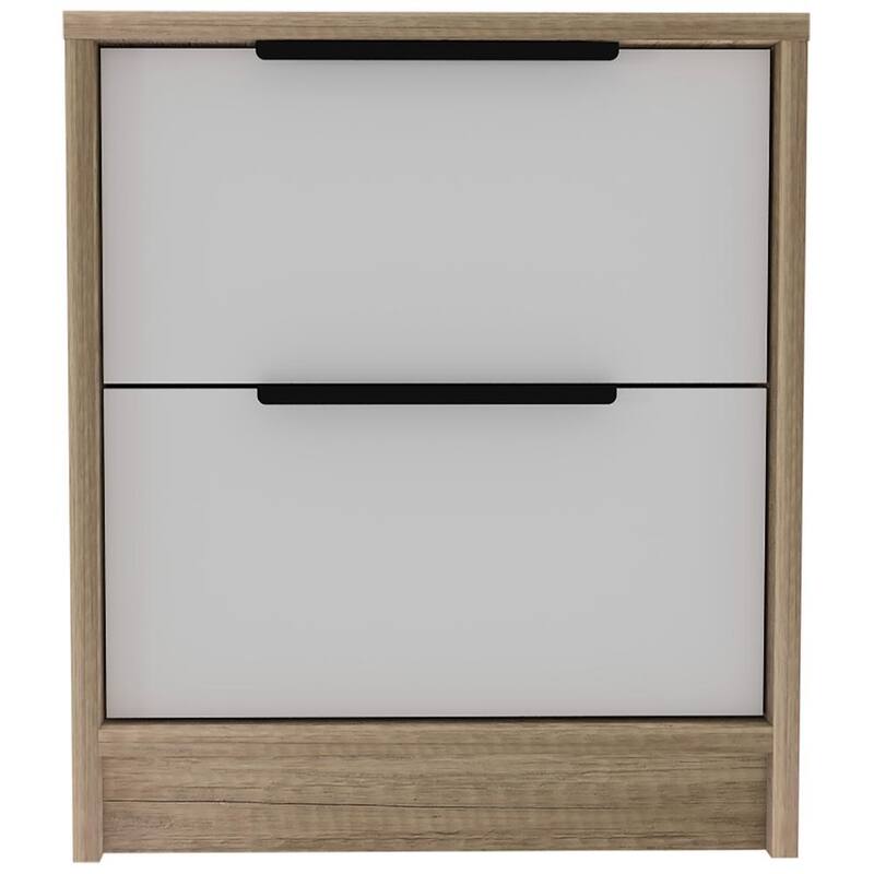 Modern Two-Drawer Nightstand, White & Light Oak, Metal Hardware