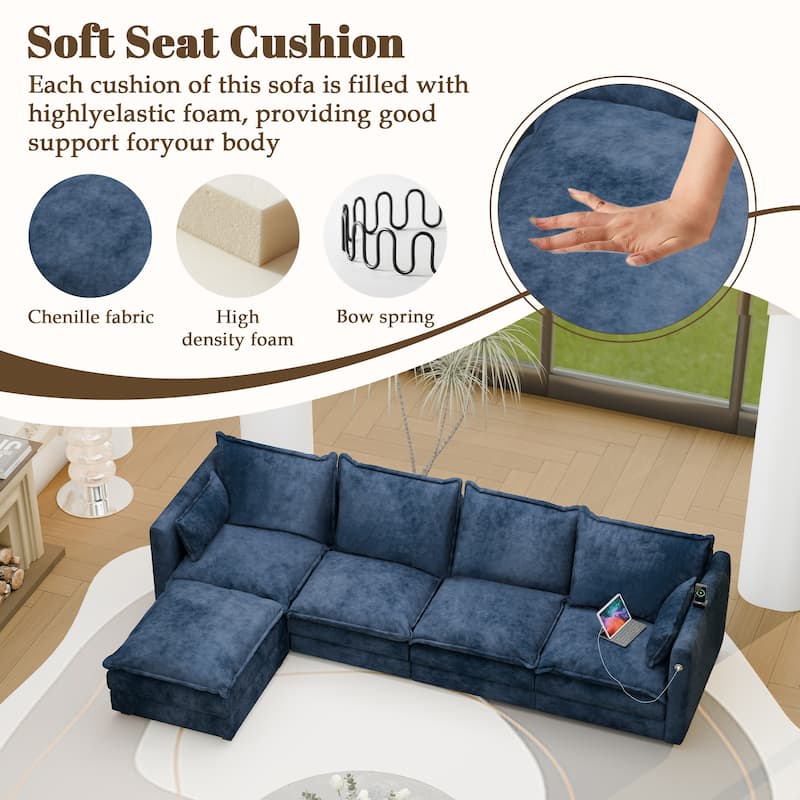 Modular Sectional Sofa L Shaped Couch, 3/4 Seat Sofa Set with Ottoman, Chenille Fabric