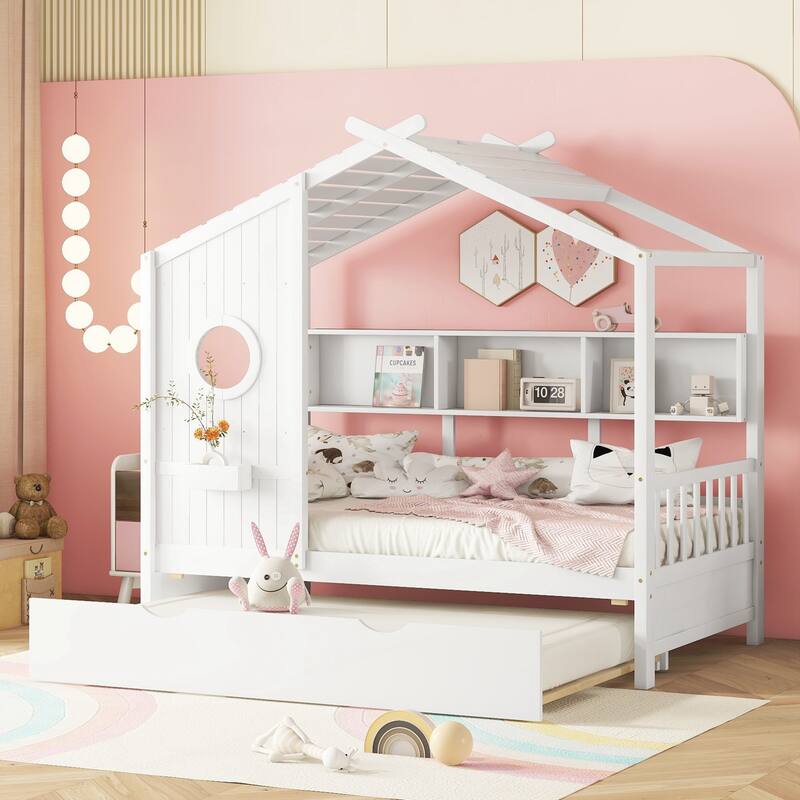 Wooden Twin Size House Bed With Trundle, Modern Design for Kids with Storage Shlef - White