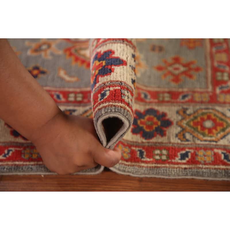 Geometric Kazak Accent Rug Hand-Knotted Grey Wool Carpet - 2'8"x 4'2"