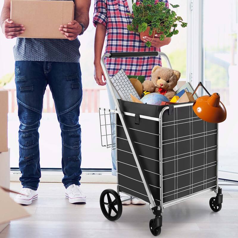 Gymax Folding Shopping Cart Jumbo Upgraded Utility Grocery Cart w/