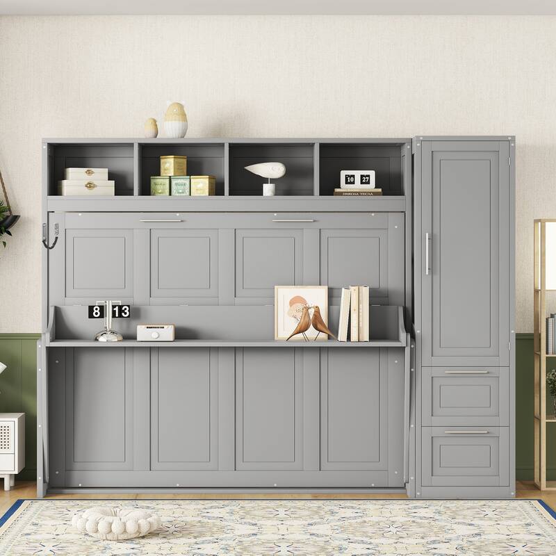 Queen Size Wall Murphy Bed with Open Shelves, Closet and Drawers - Grey - Queen