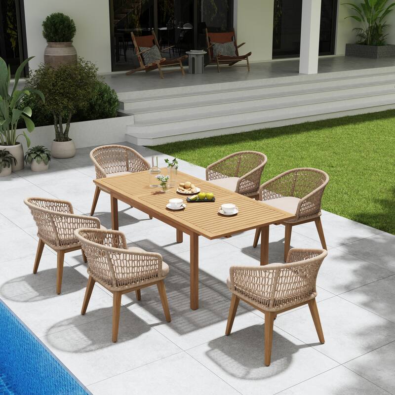Outdoor Wooden Dining Table Set with 6 Woven Rope Chairs