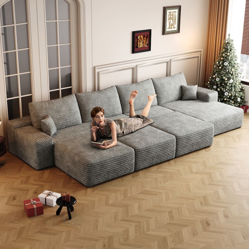 Oversized Modular Sleeper Sofa Bed Floor Standing Sectional Couch Corduroy Upholstered Compression Sofa with Chaise and Ottomans - Grey