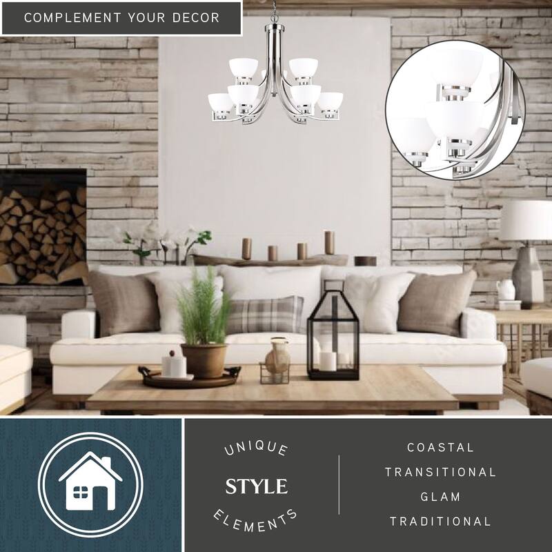 Metropolis 9 Light 2 Tier Satin Nickel Chandelier White Glass - 32-in W x 25.5-in H x 32-in D