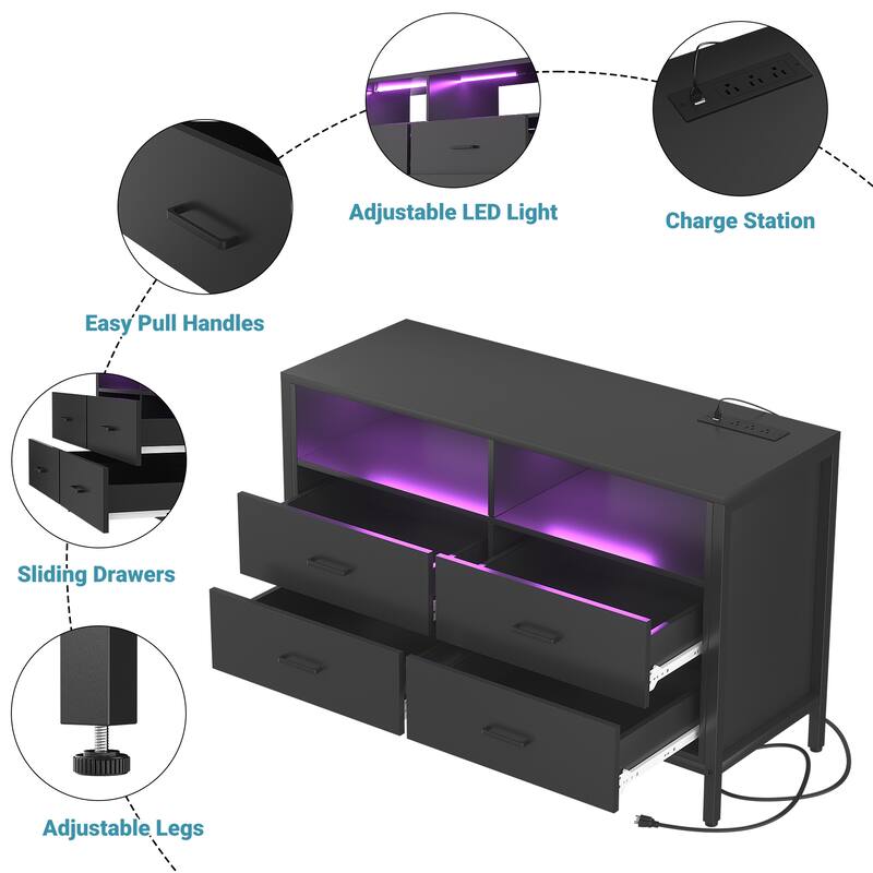 Chest of Drawers with LED Lights and Outlets,Wood Drawer Dresser for Clothes Storage