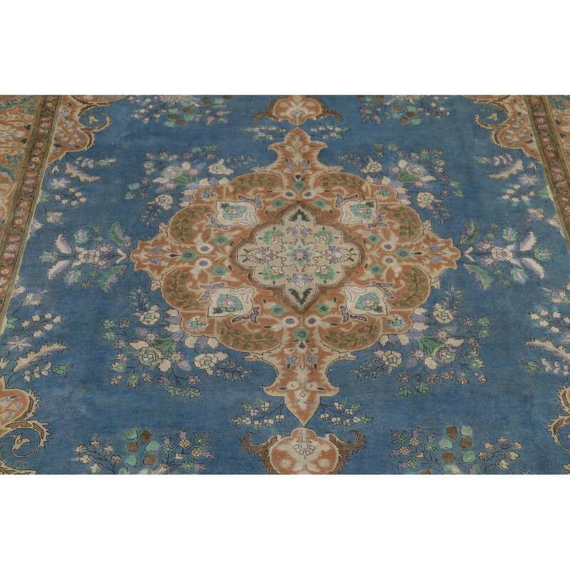 Blue Tabriz Persian Vintage Rug Hand-Knotted Wool Carpet - 9'6"x 12'9"