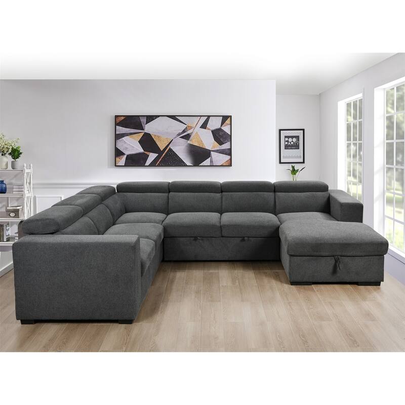 U-Shaped Sectional Sofa with Adjustable Headrest and Storage Chaise