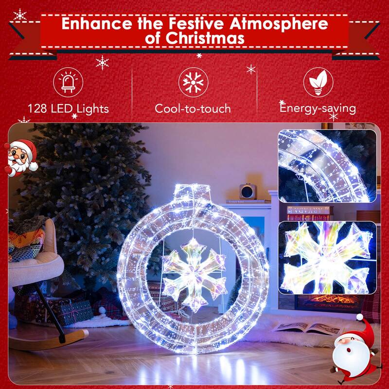 Costway 33" Lighted Ornament Pre-Lit Christmas Wreath with 128 Cold - See Details