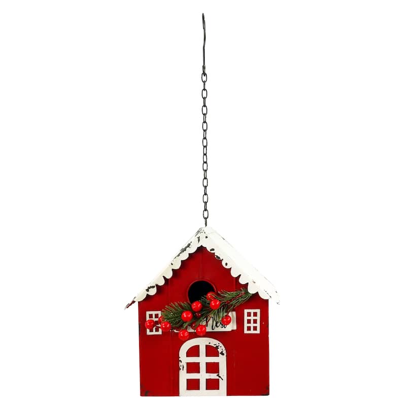 Alpine Corporation YHL263HH 9in. Tall Hanging Barn Birdhouse with Mistletoe - Decorative Outdoor Garden Ornament, Red