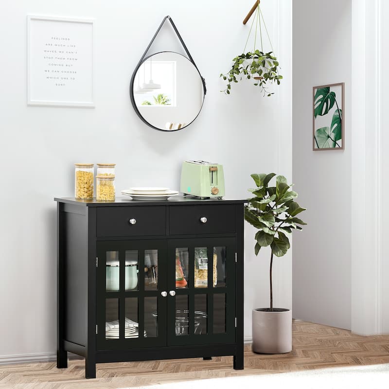 Black Sideboard Cabinet with Glass Doors and Drawers Multi-Functional Storage Buffet TV Console for Dining Kitchen Living Room