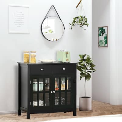 Black Sideboard Cabinet with Glass Doors and Drawers Multi-Functional Storage Buffet TV Console for Dining Kitchen Living Room