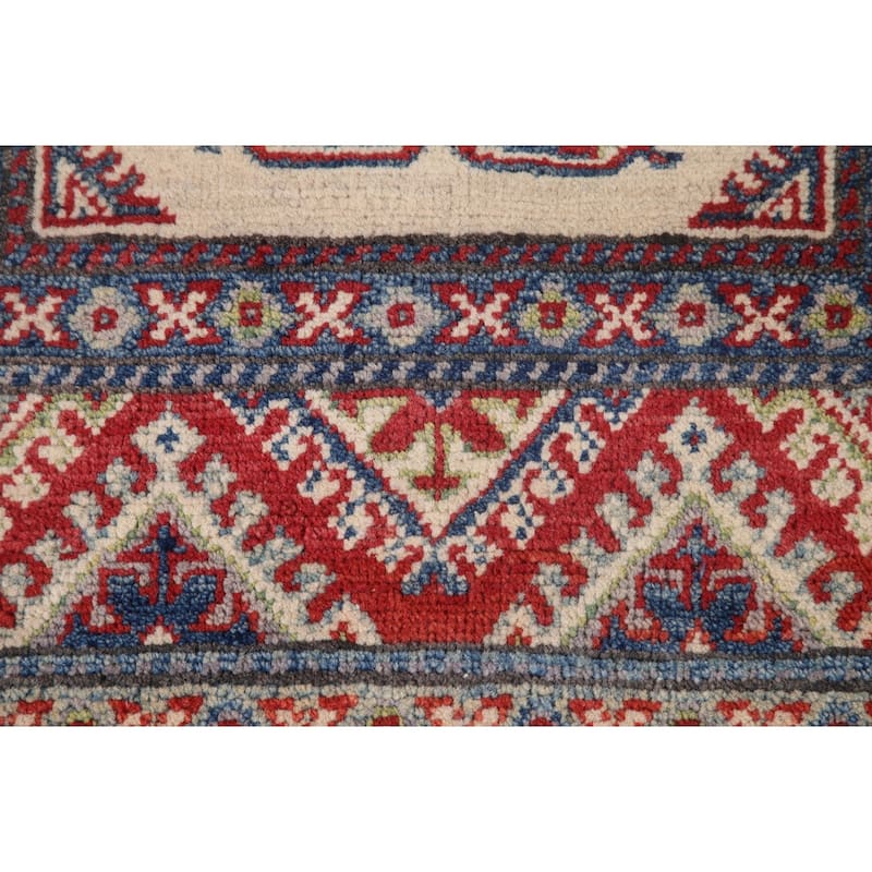 Geometric Kazak Runner Rug Handmade Beige Oriental Wool Carpet - 2'7" x 15'5"