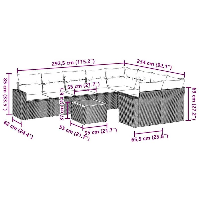 vidaXL Patio Sofa Set with Cushions Outdoor Furniture 10 Piece Poly Rattan - 24.4 x 25.8 x 27.2