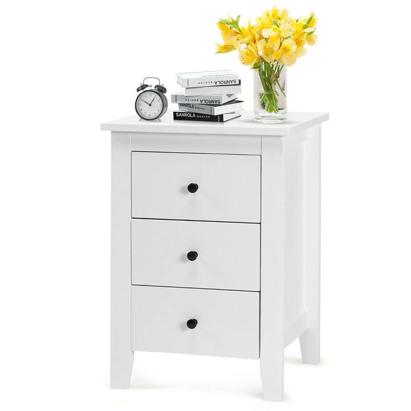 Costway 1PC/2PCS Nightstand End Beside Sofa Table w/ 3 Drawers Bedroom - White-1 PCS