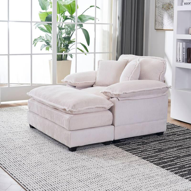 Deep Seat Accent Chair & Ottoman Set of 2, Reclining Sofa Chair, Corduroy Upholstered Chaise Lounge Couch with 2 Toss Pillows