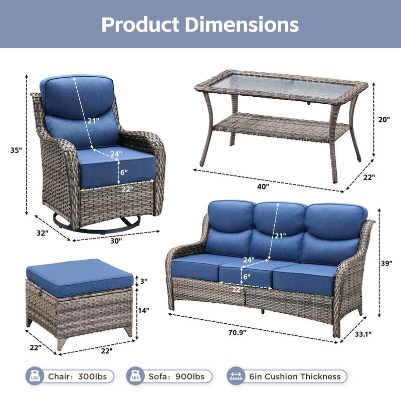 Arcadia 8-Piece Wicker Patio Conversation Set with Swivel Gliders and 6-Inch Thick Olefin Cushions