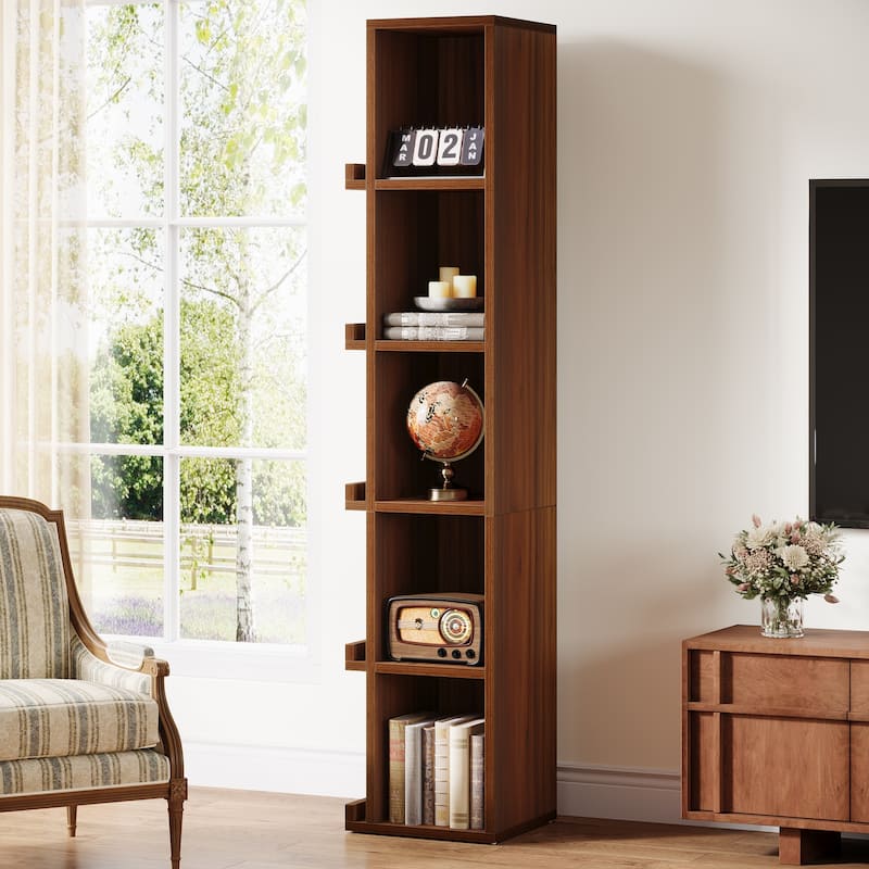 5-tier Tall Narrow Bookcase Cube Bookshelf with Side Storage - 11.8"D x 13.8"W x 70.9"H