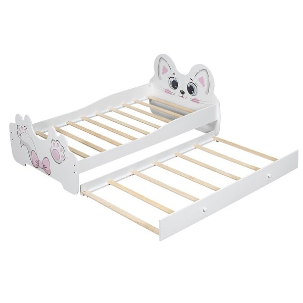 Wood Cartoon Cat Twin Size Kids Platform Bed Frame with Trundle