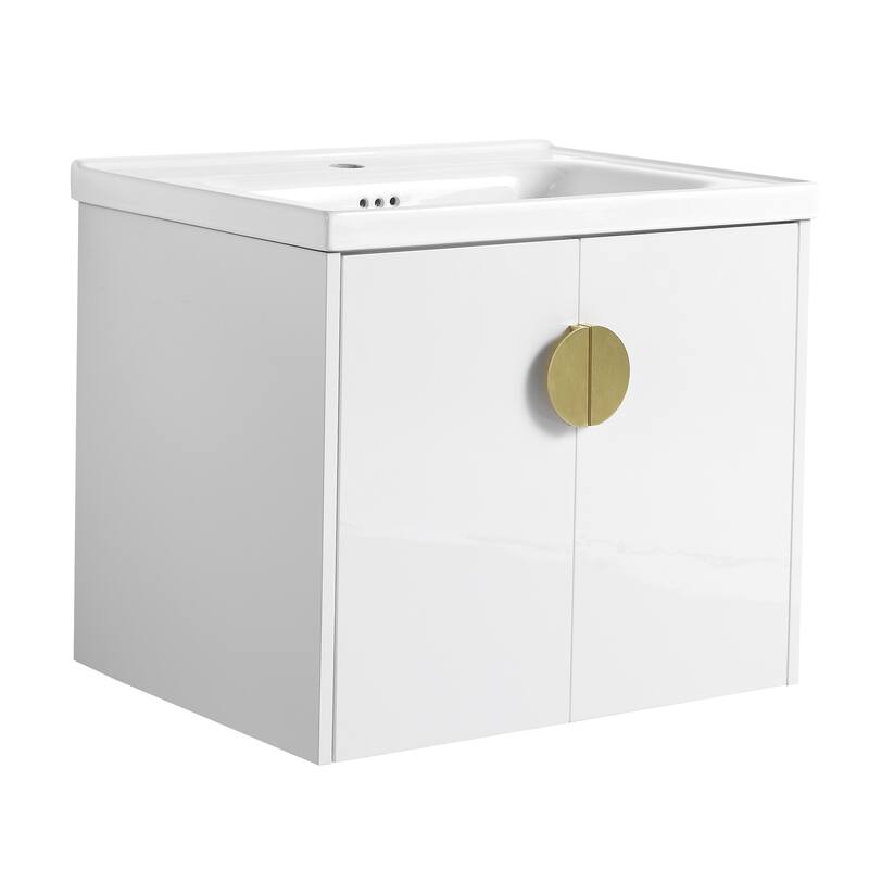 Wall-Mounted Bathroom Vanity with Ceramic Basin, Soft-Close Doors, and Customizable Metal Handles - 23.8in L Plywood - Gloss White