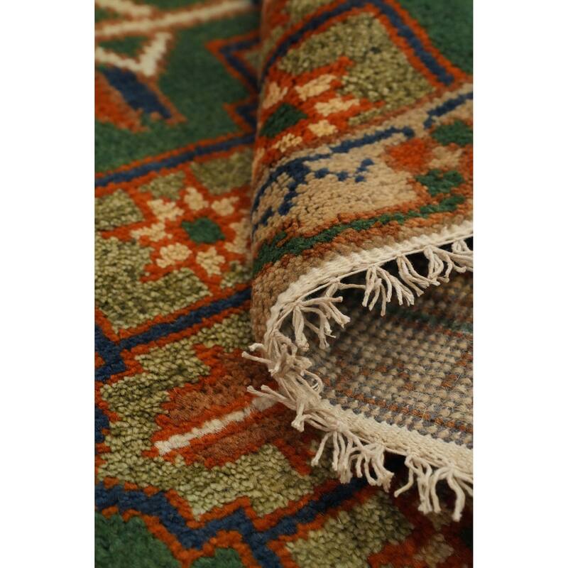 Hand Knotted Oriental 100% Wool Carpet Traditional Geometric Green Kazak Runner Rug - 7' 11'' X 2' 6''