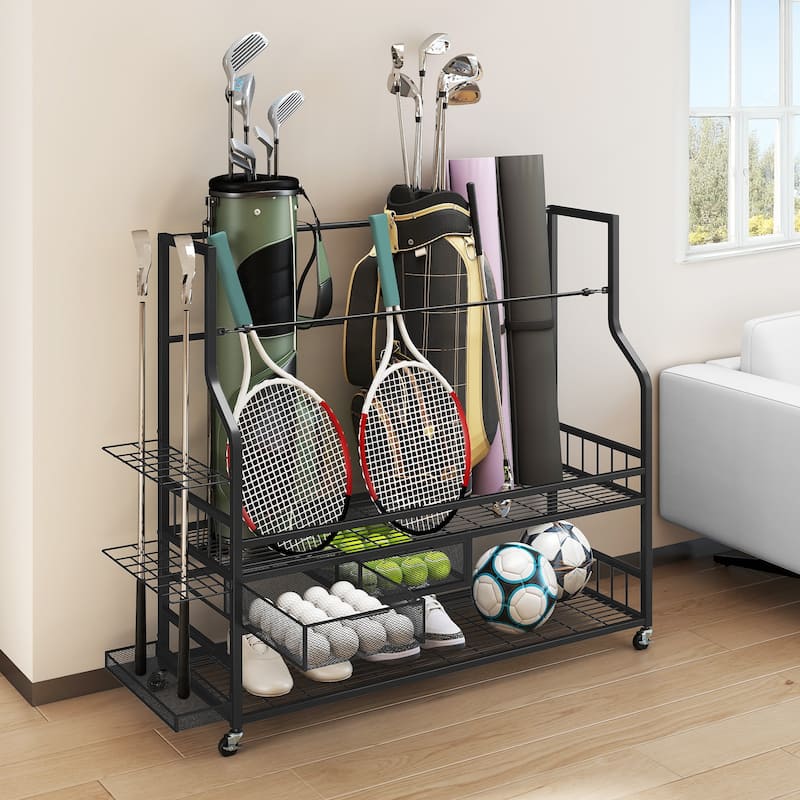 Moasis 4 Slot Golf Bag Storage Rack with Wheels and Drawer for Clubs and Balls