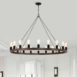Eva 20-light Antique Black and Faux Wood Metal Round Chandelier - Antique Black
