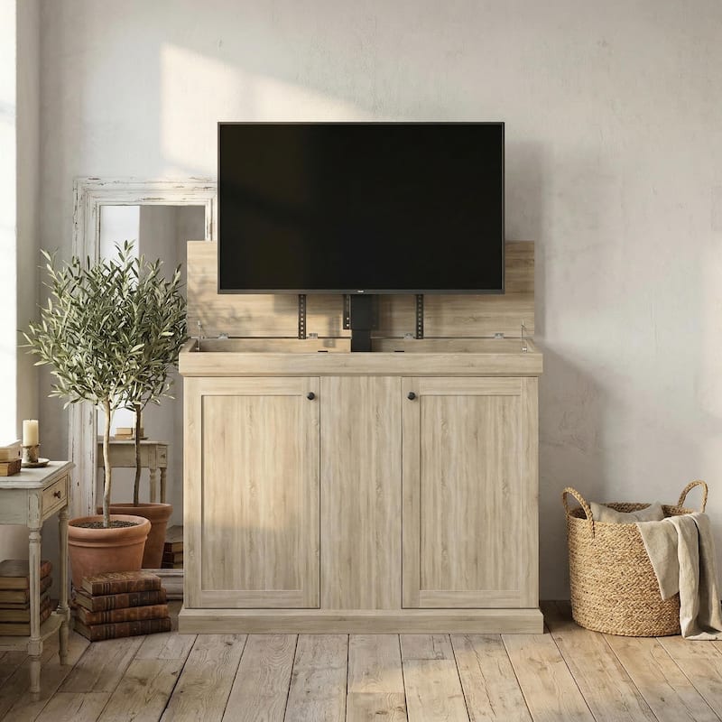 Motorized TV Lift Cabinet for TVs up to 50 Inch, Pop Up TV Lift Console with Remote Control, Hidden TV Cabinet Stand - Oak