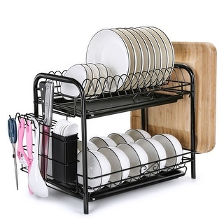 2 Two Tier Dish Drainer Rack with Cutlery Utensil Holder Round Top Plastic Black 
