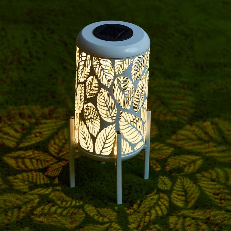 Glitzhome 14"H Outdoor Metal Cutout Flower/Leaves Solar Light Standing Lanterns Waterproof