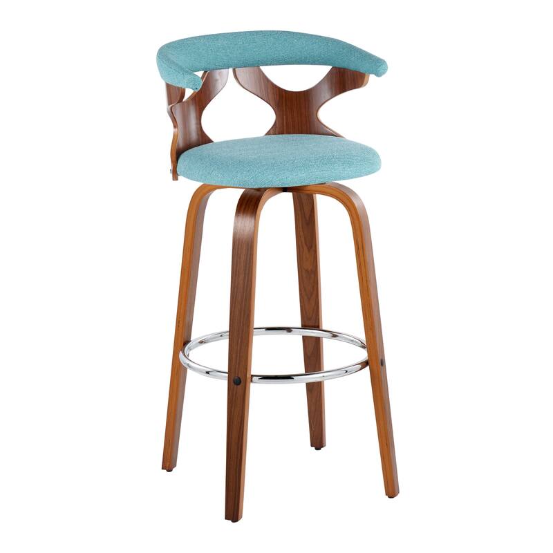 Carson Carrington Viby 30" Fixed-Height Bar Stool with Bent Wood Legs & Round Footrest (Set of 2) - Teal Fabric/Walnut/Chrome