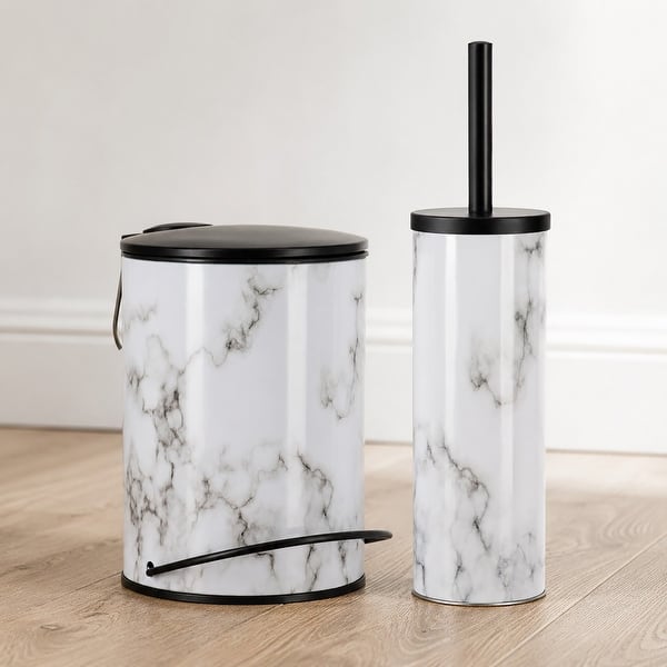 slide 2 of 10, Carrara Noir 2 Piece Bathroom Set, Trash Can 3 Liter and Slim Toilet Brush Holder, Black and White Marble, Matte Accents White and Black Marble - Set of 2