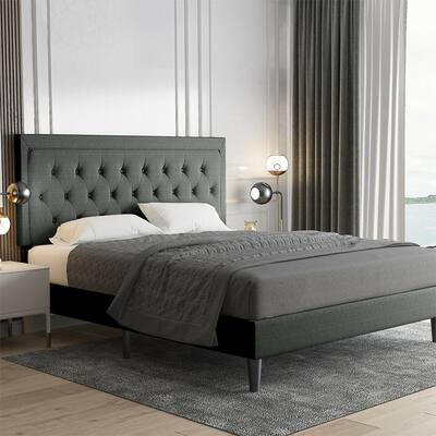 Full Size Platform Bed Frame W/ Button Tufted Headboard, Dark Grey