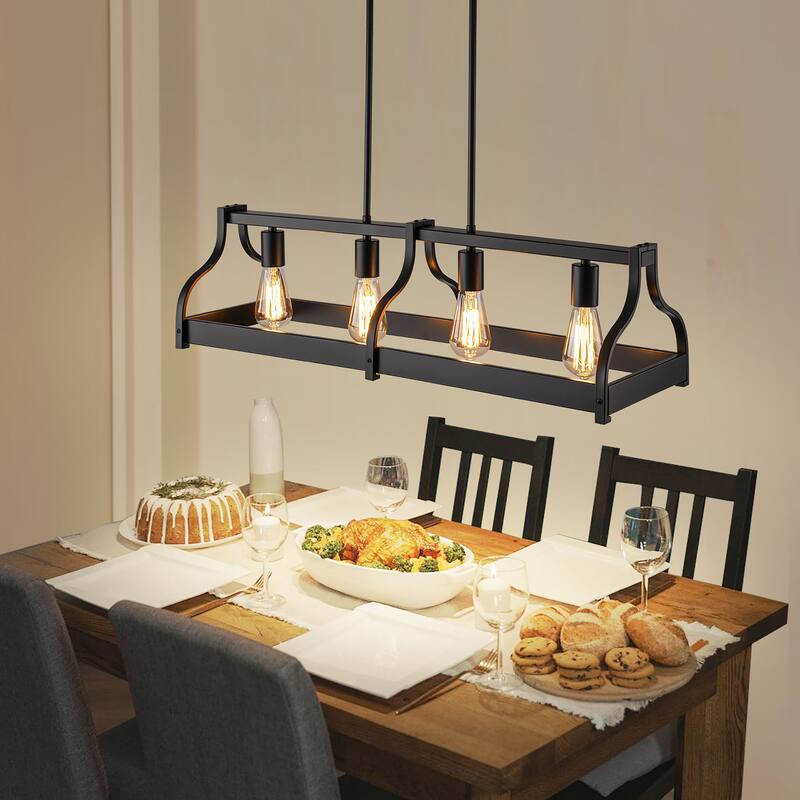 Starsky 4-Light Modern Farmhouse Black Chandelier Wooden Linear Kitchen Island Light