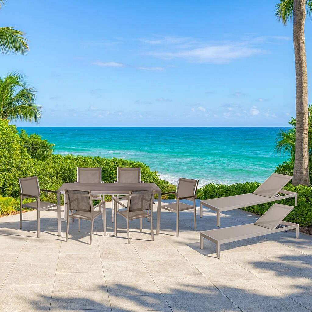 Kris 9 Piece Patio Dining and Lounge Set, Gray Textilene Seating, Aluminum