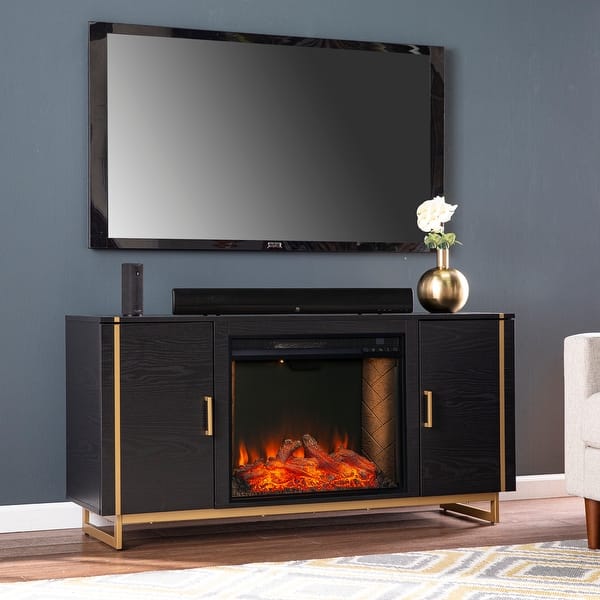 slide 1 of 9, Strick & Bolton Beachler Black Wood Alexa-Enabled Fireplace Console