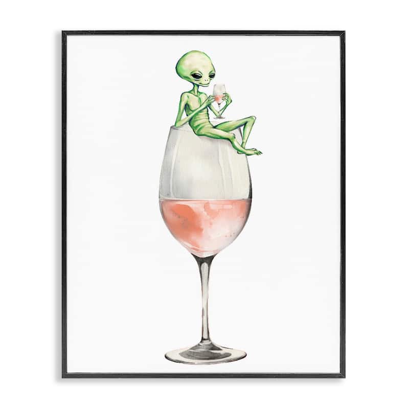 Stupell Lounging Alien on Wine Glass Framed Giclee Art Design By Lil' Rue - 11 x 14 - Black