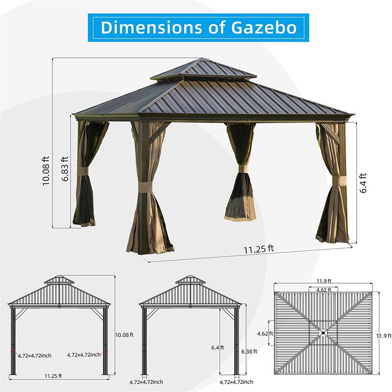 GDFStudio - Terry Outdoor Aluminum Hardtop Gazebo with Galvanized Steel Double Roof, Curtains & Netting