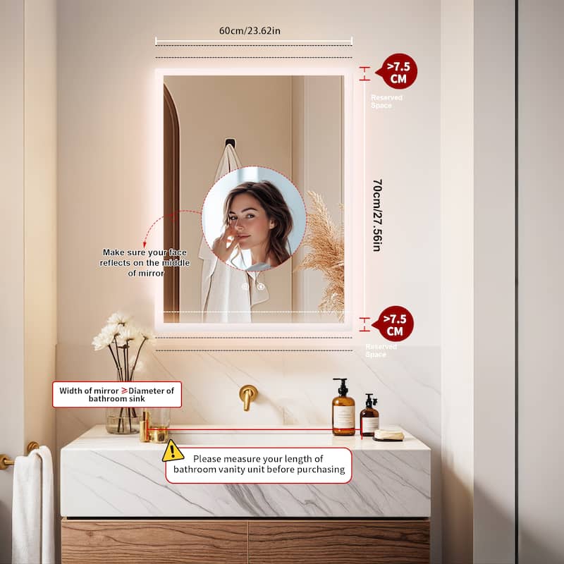 Rectangle Wall LED Bathroom Mirror Backlight Anti-fog Makeup Mirror Horizontal or Vertical