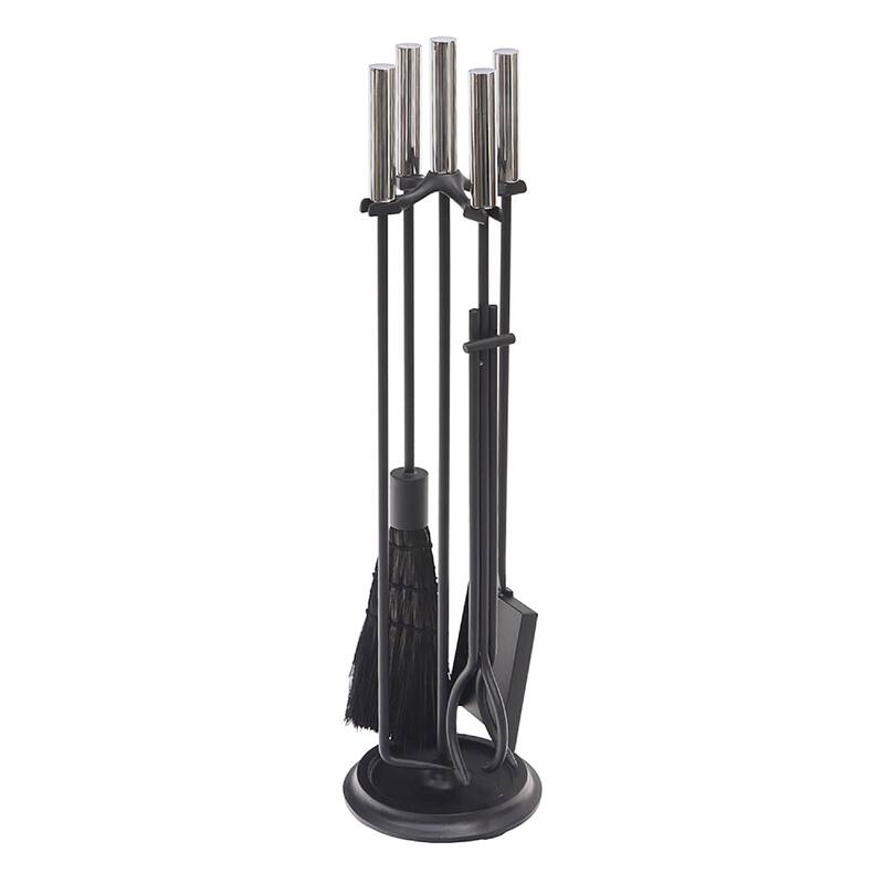 Achla Designs Contemporary Bedford Fireplace Set of 4 Tools, 30.25 Inch Tall, Black - Black and Polished Chrome