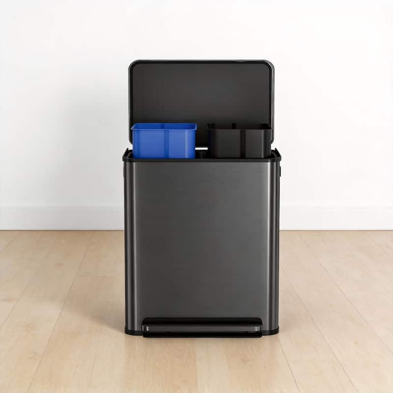 2 x 8 Gal Dual Compartment Trash Can, with Lid - Black