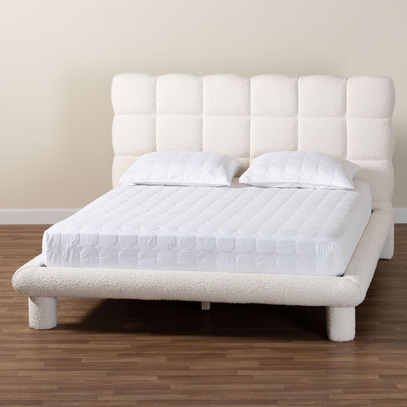 Ralayna Modern Luxe Ivory Boucle Fabric Queen Size Bed