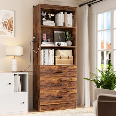 6-Tier 23.6'' Display Cabinet with Charging Station and Drawers, Bookcase Storage Shelf Kitchen Pantry