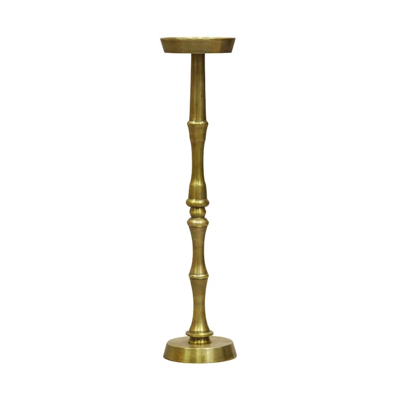 26 Inch Side End Drink Table, Turned Pedestal Metal Base, Round Top, Oxidized Brass