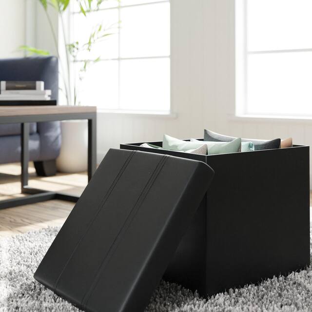 Brookside Foldable Storage Ottoman with Channel Tufting - Square - Black Faux Leather