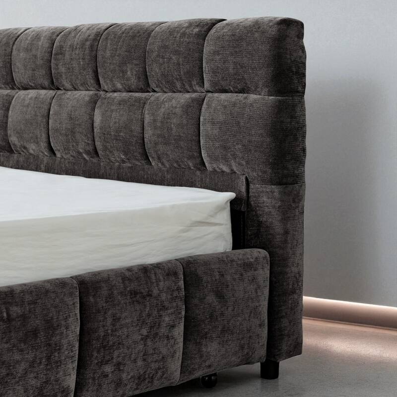 King Upholstered Platform Bed, Chenille Fabric, Headboard, Solid Frame, Under-Bed Storage Drawer, Modern Low-Profile